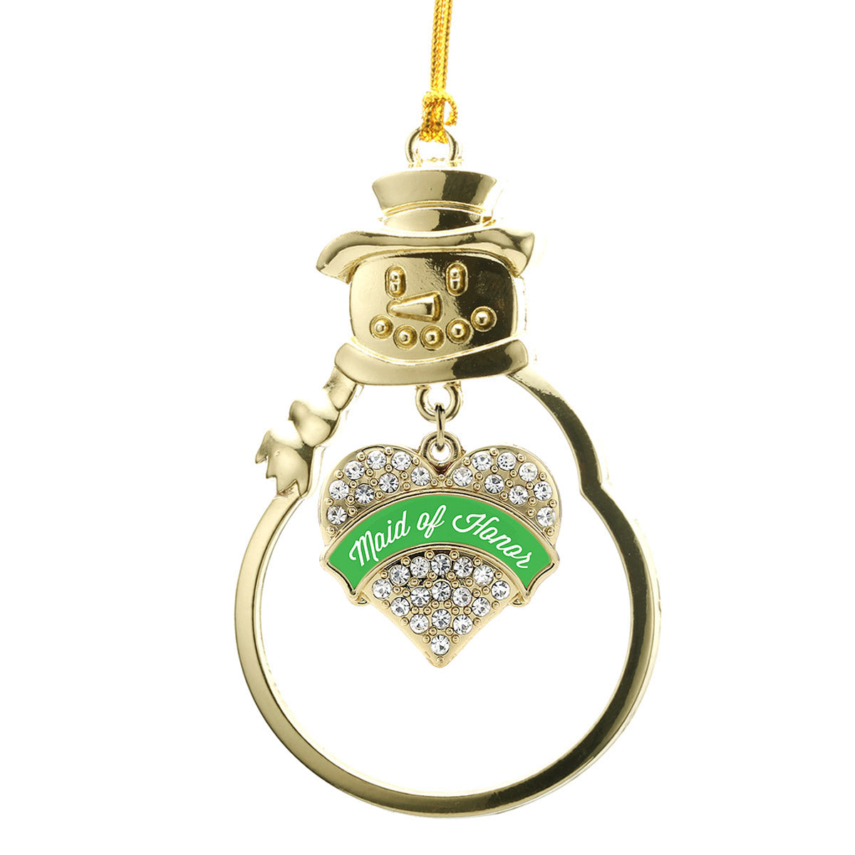 Gold Emerald Green Maid of Honor Pave Heart Charm Snowman Ornament