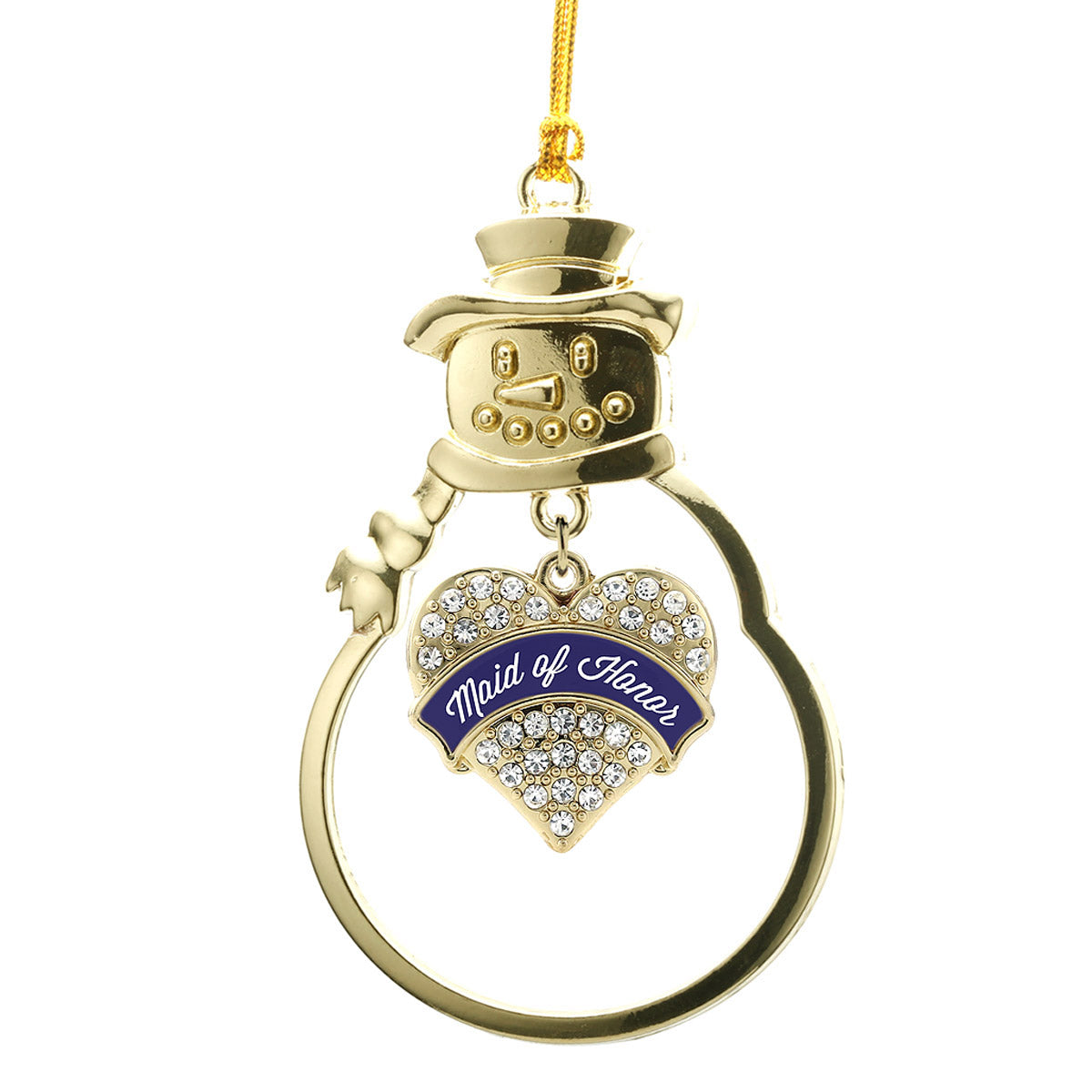 Gold Navy Blue Maid of Honor Pave Heart Charm Snowman Ornament