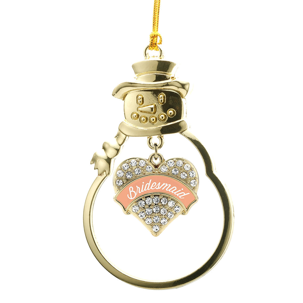 Gold Peach Bridesmaid Pave Heart Charm Snowman Ornament