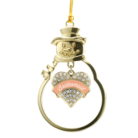 Gold Peach Bridesmaid Pave Heart Charm Snowman Ornament