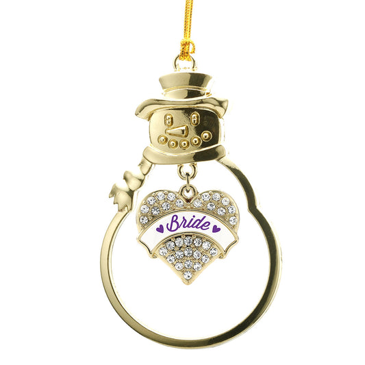 Gold Purple Bride Pave Heart Charm Snowman Ornament