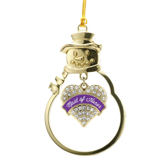 Gold Purple Maid of Honor Pave Heart Charm Snowman Ornament