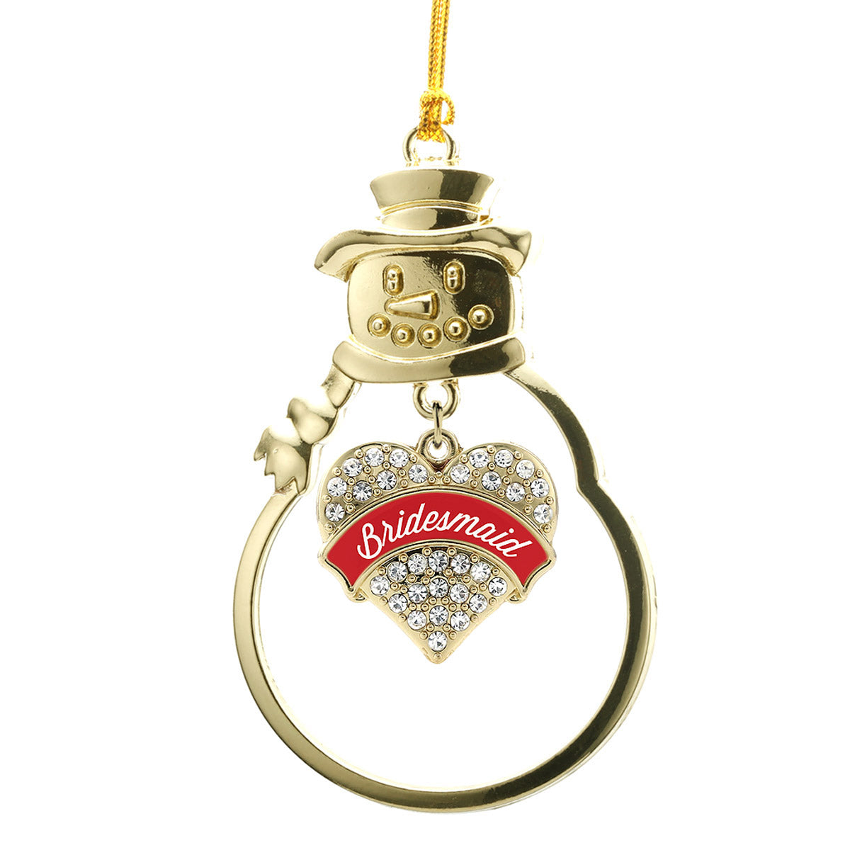 Gold Red Bridesmaid Pave Heart Charm Snowman Ornament