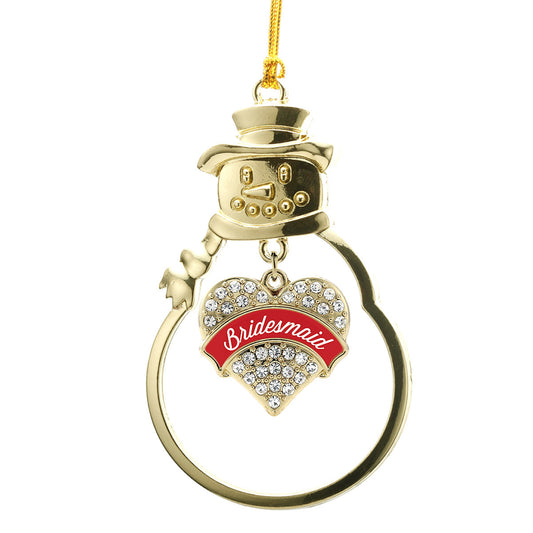 Gold Red Bridesmaid Pave Heart Charm Snowman Ornament