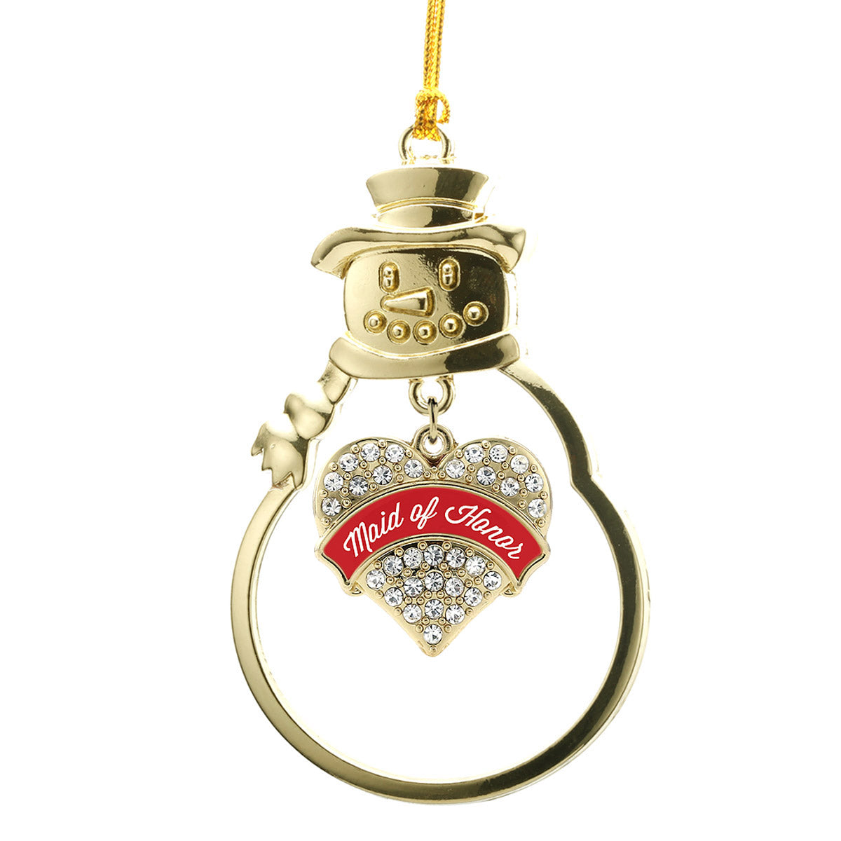 Gold Red Maid of Honor Pave Heart Charm Snowman Ornament