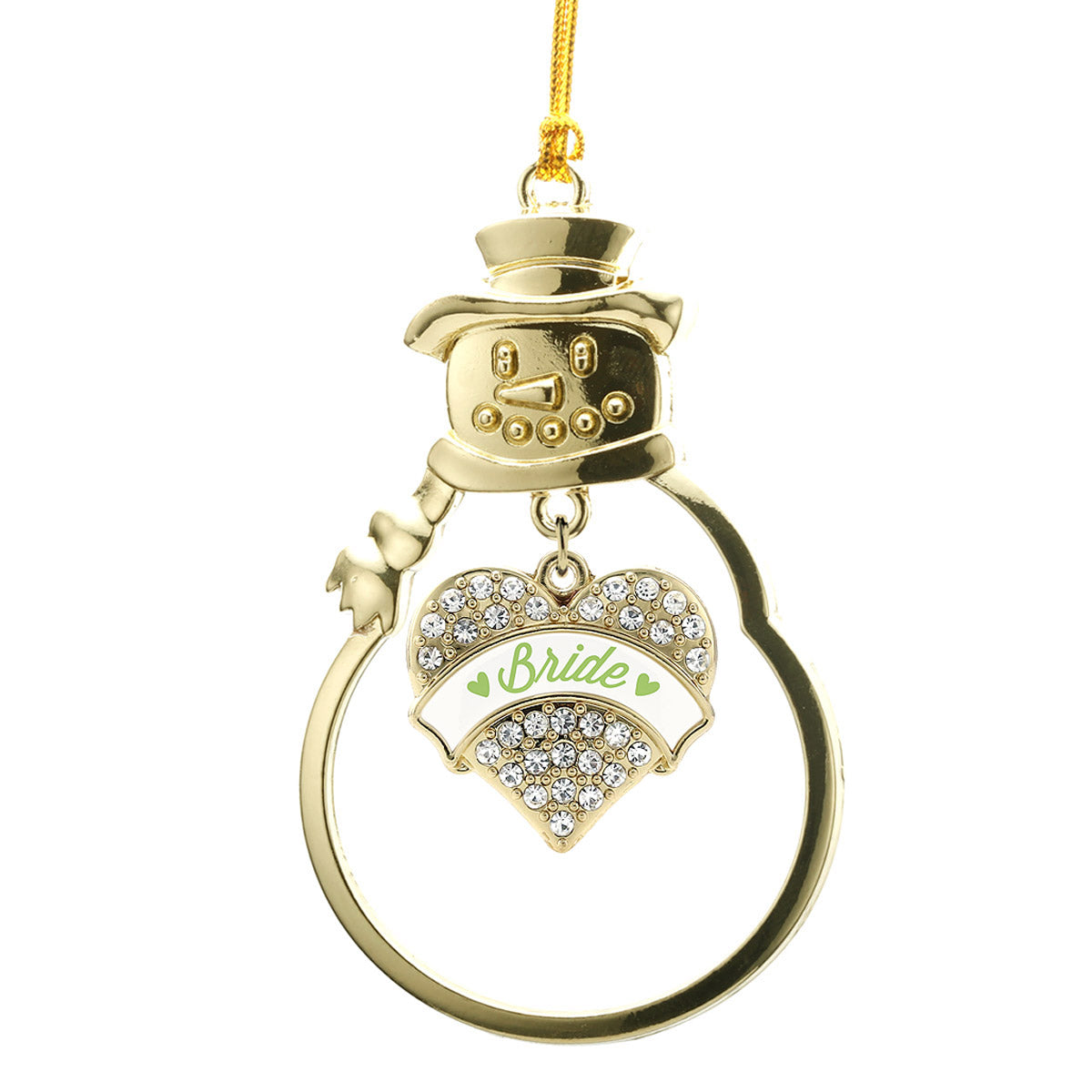 Gold Sage Green Bride Pave Heart Charm Snowman Ornament