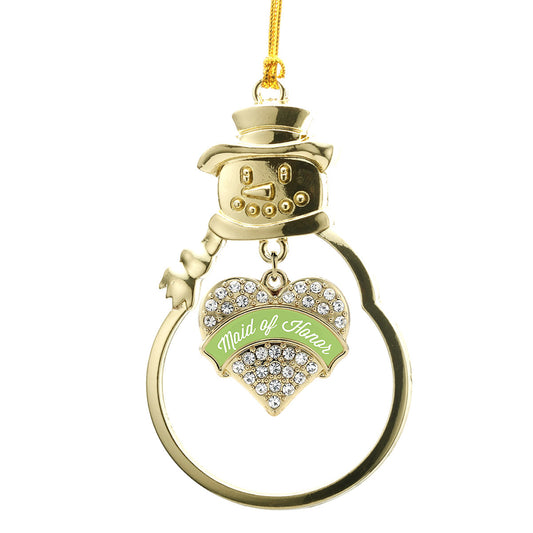 Gold Sage Green Maid of Honor Pave Heart Charm Snowman Ornament