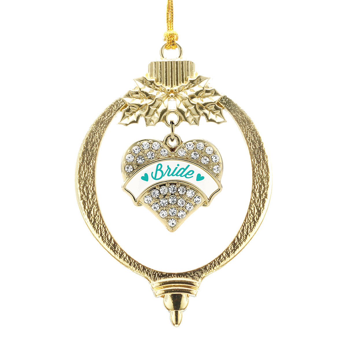 Gold Teal Bride Pave Heart Charm Holiday Ornament