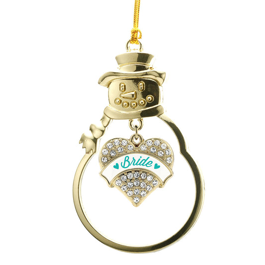 Gold Teal Bride Pave Heart Charm Snowman Ornament