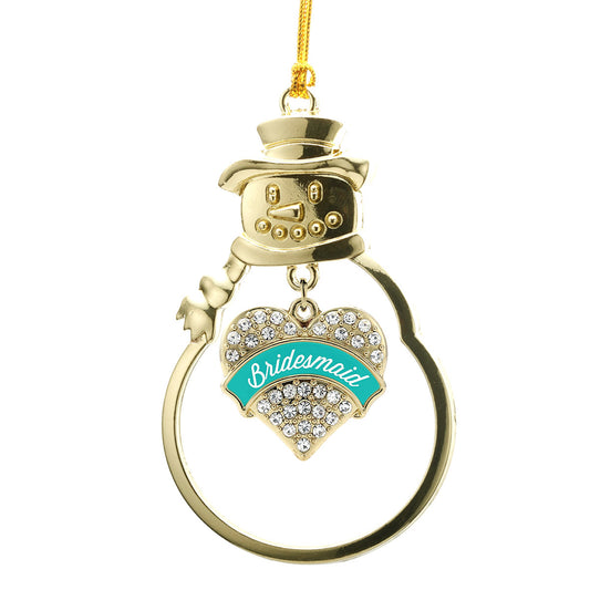 Gold Teal Bridesmaid Pave Heart Charm Snowman Ornament