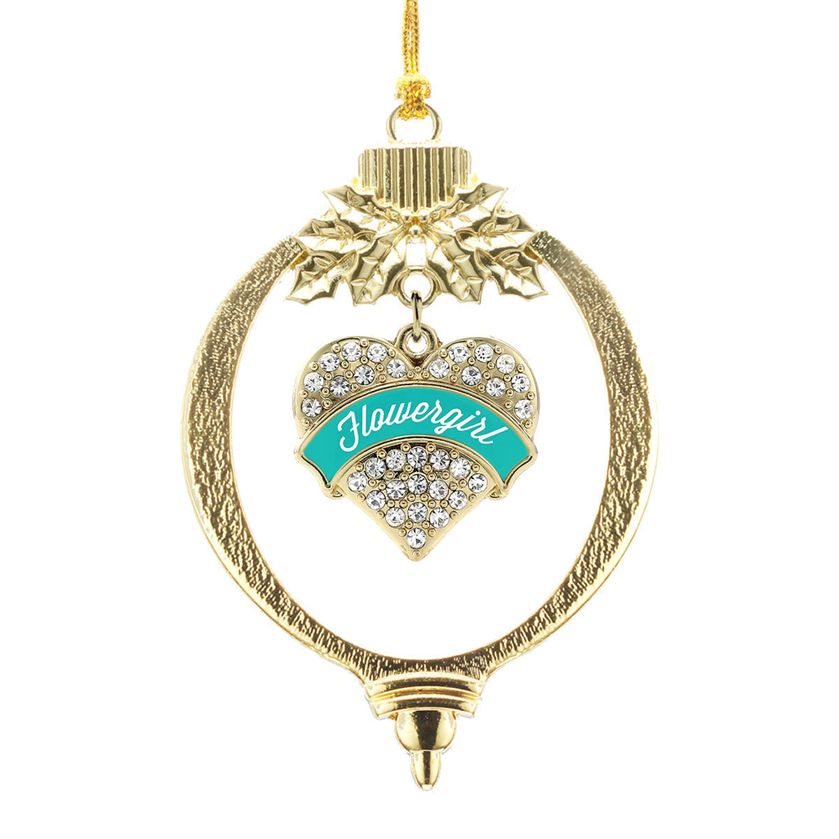 Gold Teal Flower Girl Pave Heart Charm Holiday Ornament