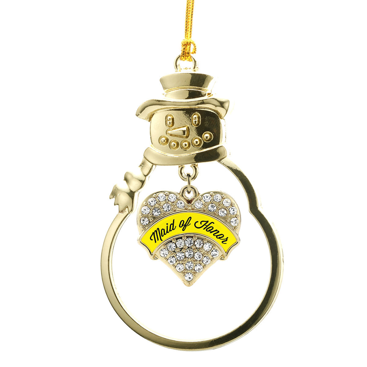 Gold Yellow Maid of Honor Pave Heart Charm Snowman Ornament