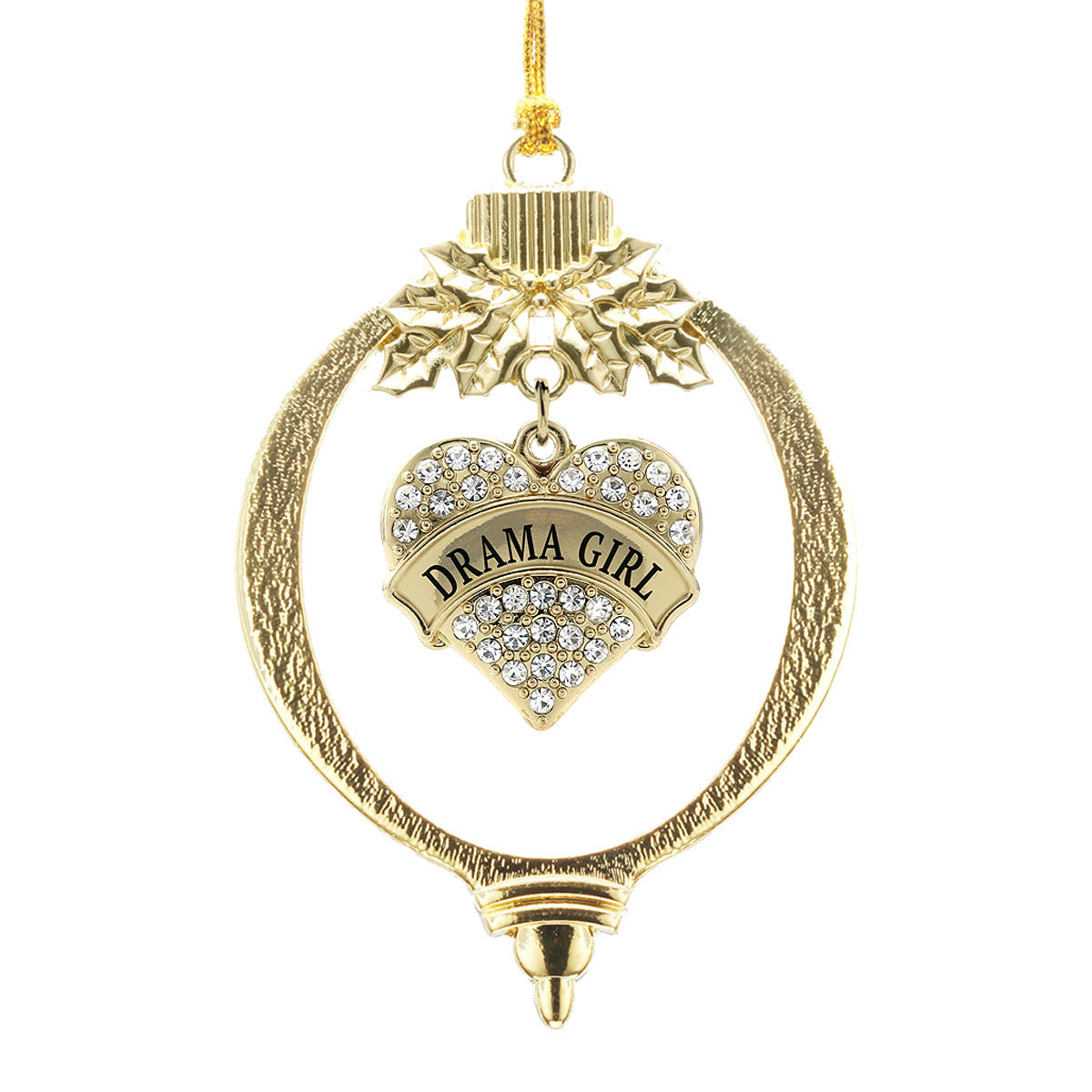 Gold Drama Girl Pave Heart Charm Holiday Ornament