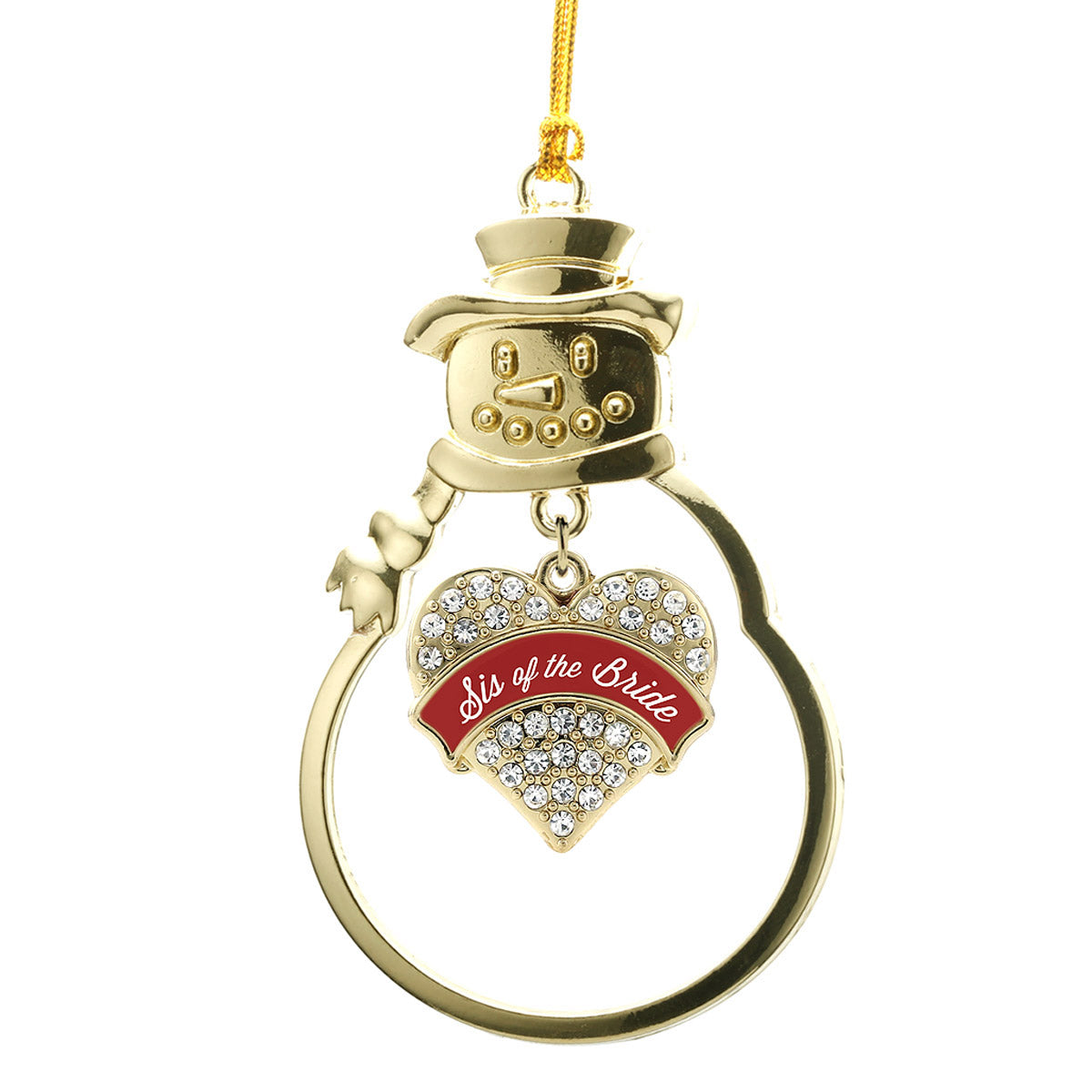 Gold Crimson Red Sis of the Bride Pave Heart Charm Snowman Ornament