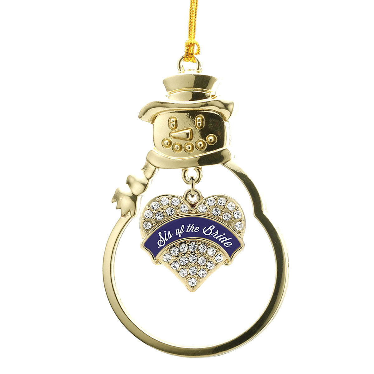 Gold Navy Blue Sis of the Bride Pave Heart Charm Snowman Ornament