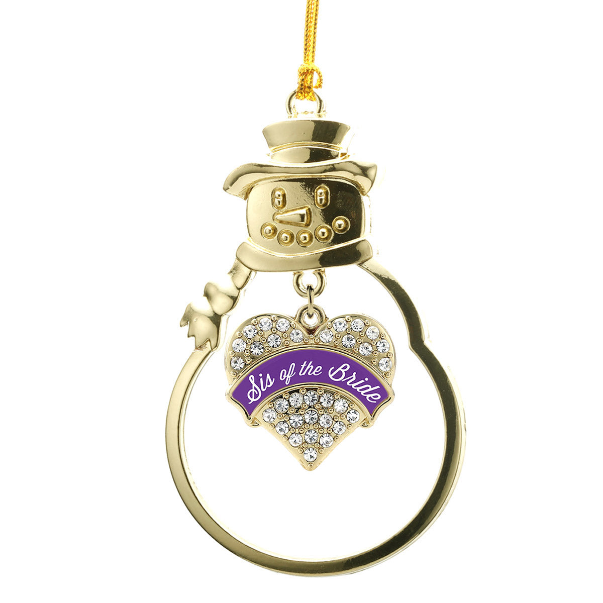 Gold Purple Sis of the Bride Pave Heart Charm Snowman Ornament