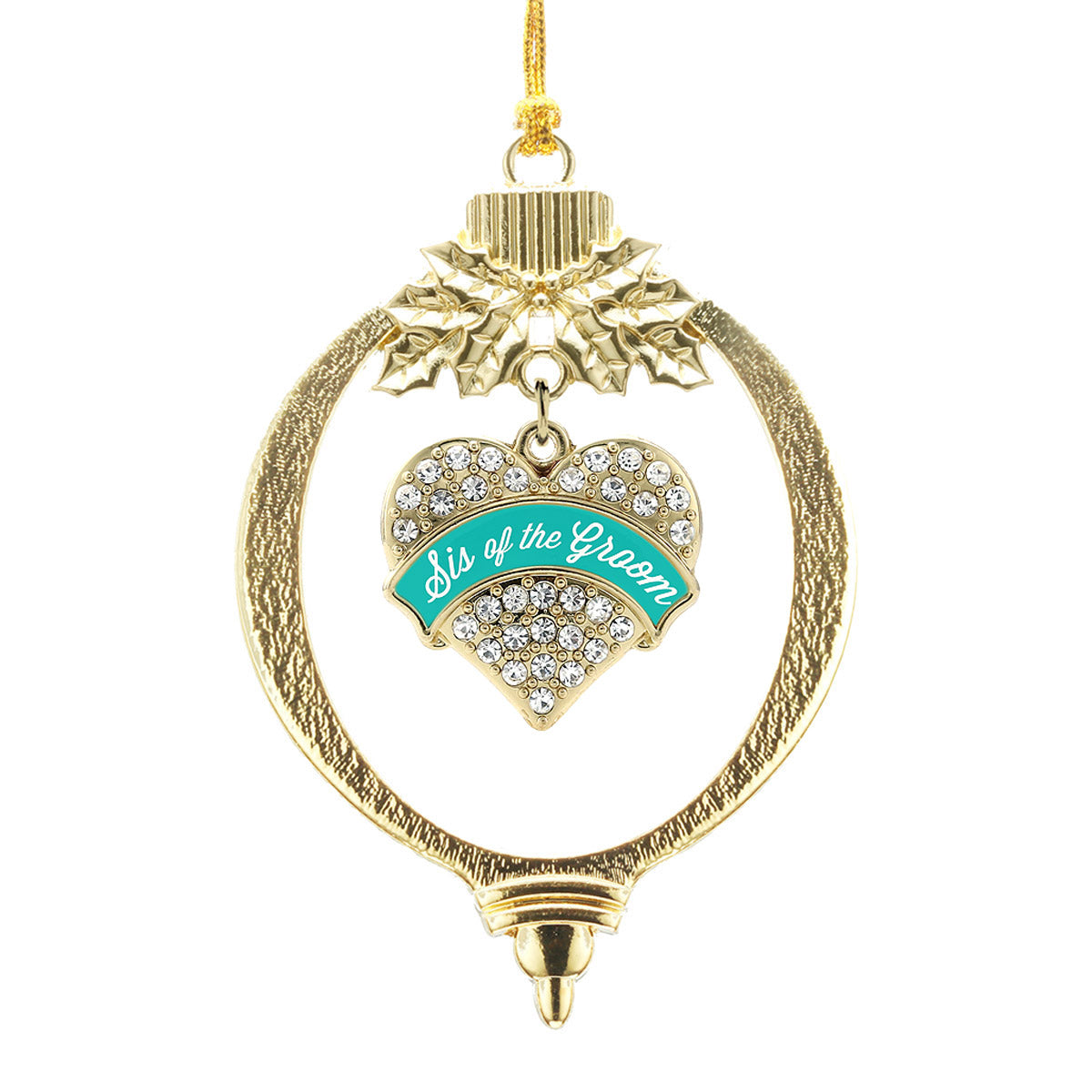 Gold Teal Sis of the Groom Pave Heart Charm Holiday Ornament