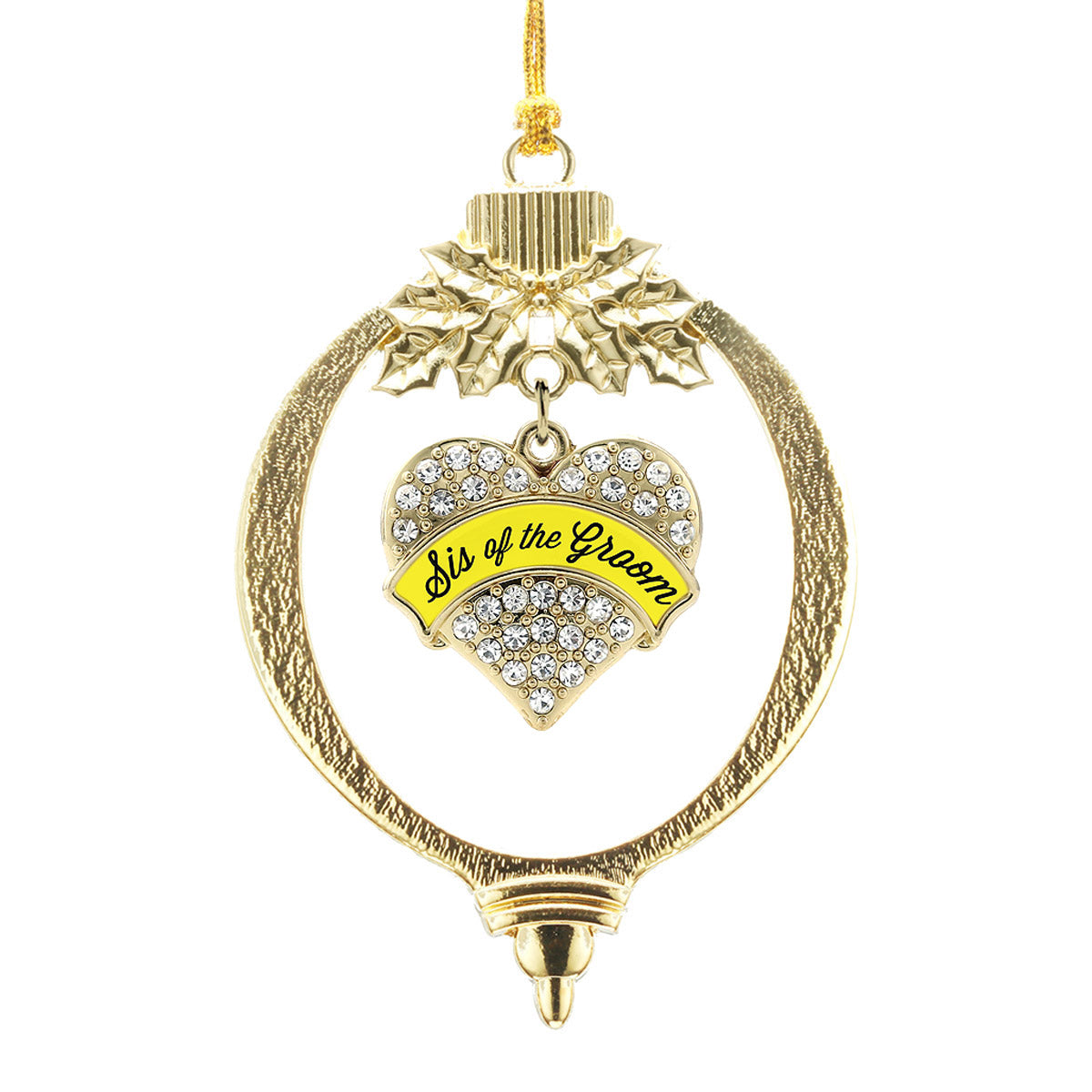 Gold Yellow Sis of the Groom Pave Heart Charm Holiday Ornament