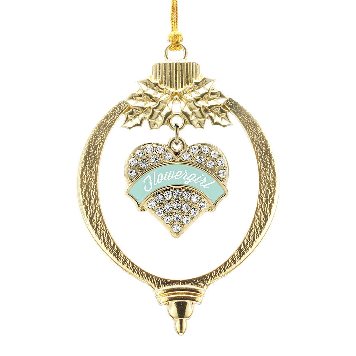 Gold Mint Flower Girl Pave Heart Charm Holiday Ornament