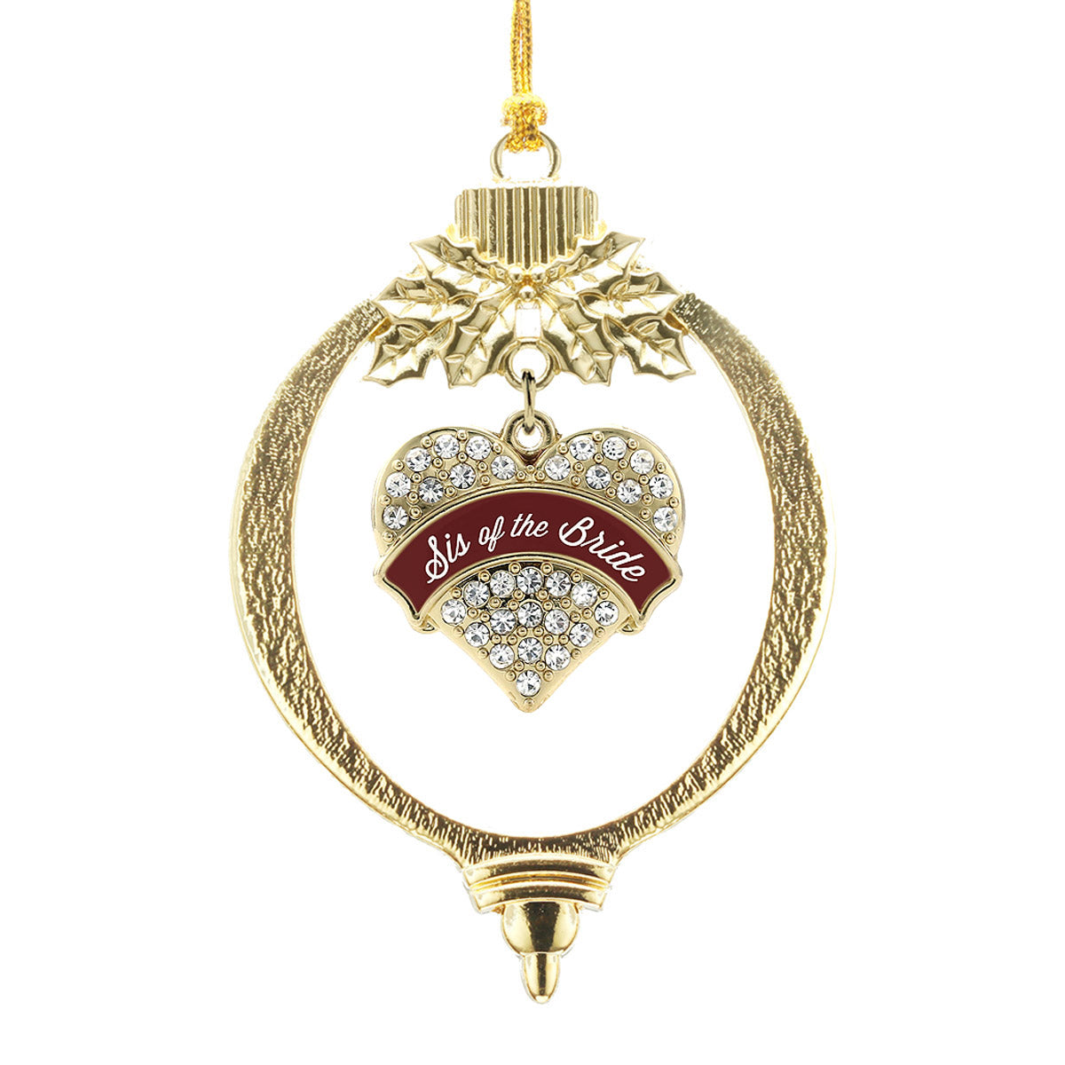 Gold Burgundy Sis of the Bride Pave Heart Charm Holiday Ornament
