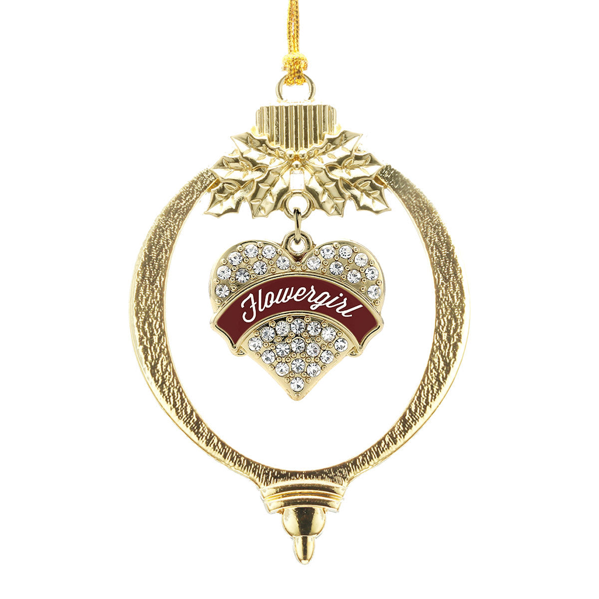 Gold Burgundy Flower Girl Pave Heart Charm Holiday Ornament