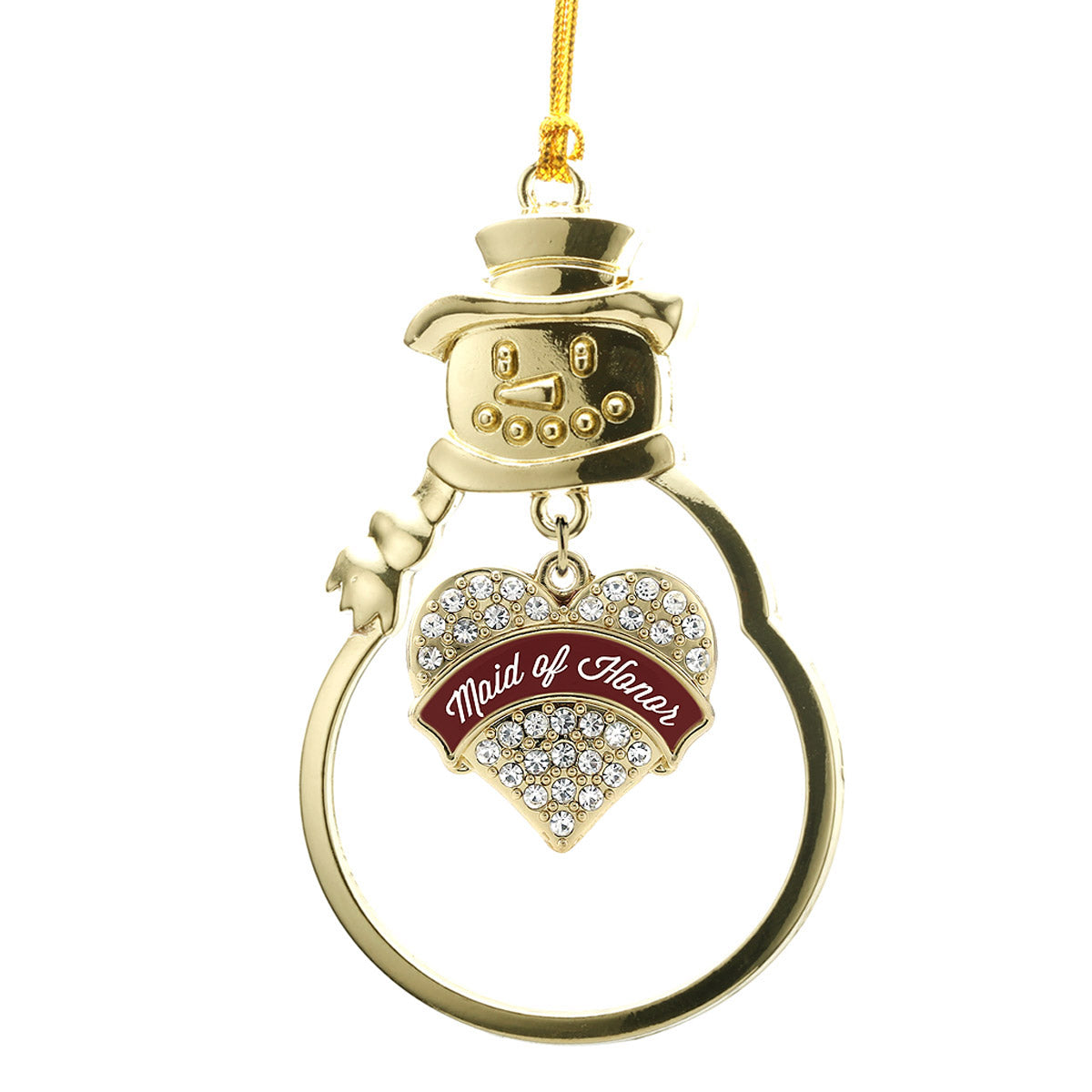 Gold Burgundy Maid of Honor Pave Heart Charm Snowman Ornament