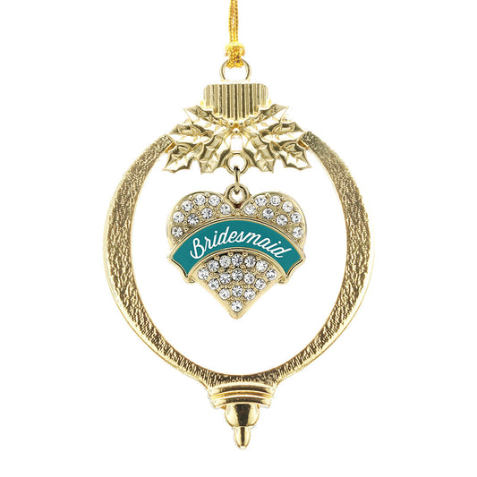 Gold Dark Teal Bridesmaid Pave Heart Charm Holiday Ornament