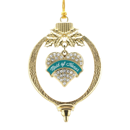 Gold Dark Teal Maid of Honor Pave Heart Charm Holiday Ornament
