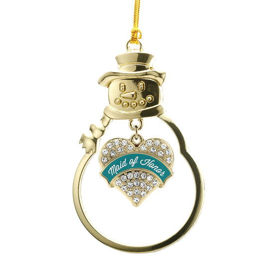 Gold Dark Teal Maid of Honor Pave Heart Charm Snowman Ornament