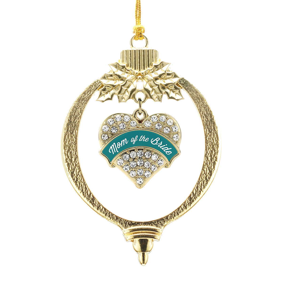 Gold Dark Teal Mom of Bride Pave Heart Charm Holiday Ornament