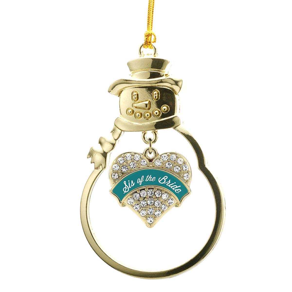 Gold Dark Teal Sis of Bride Pave Heart Charm Snowman Ornament