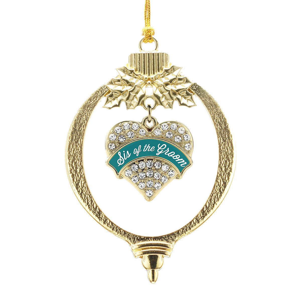 Gold Dark Teal Sis of Groom Pave Heart Charm Holiday Ornament