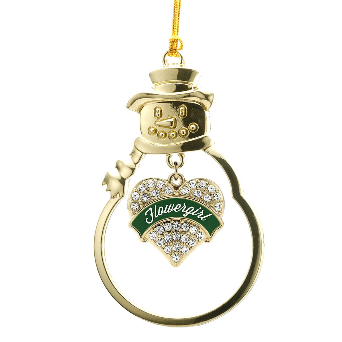 Gold Forest Green Flower Girl Pave Heart Charm Snowman Ornament