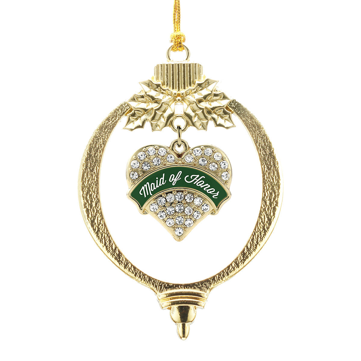 Gold Forest Green Maid of Honor Pave Heart Charm Holiday Ornament