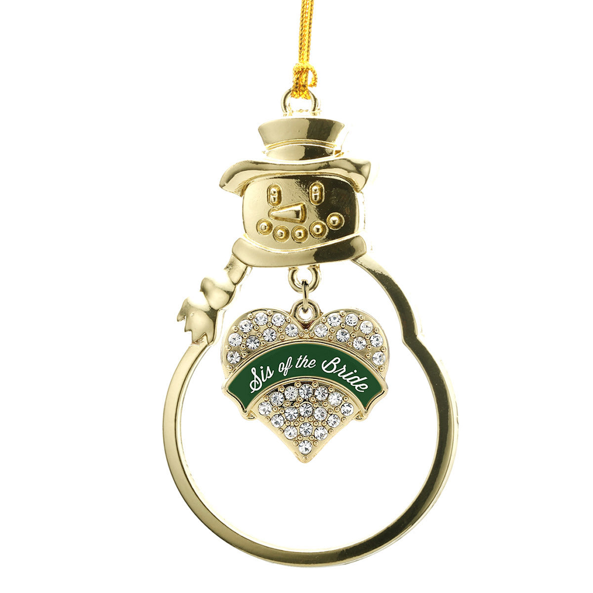 Gold Forest Green Sis of Bride Pave Heart Charm Snowman Ornament