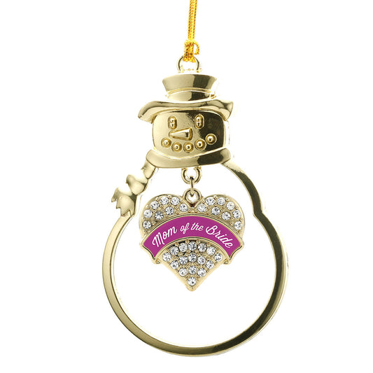 Gold Magenta Mom of Bride Pave Heart Charm Snowman Ornament