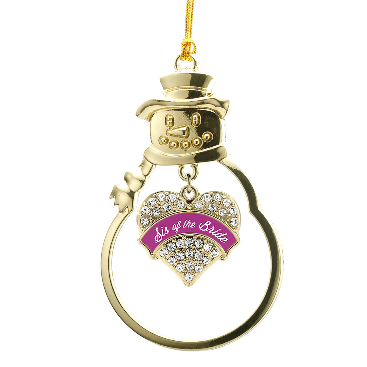 Gold Magenta Sis of Bride Pave Heart Charm Snowman Ornament