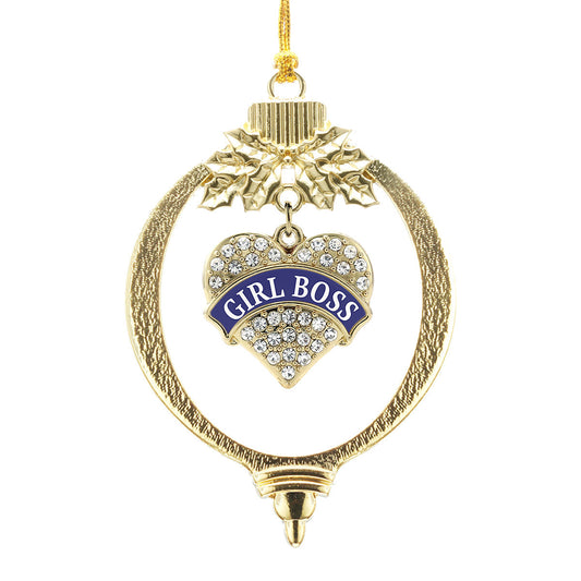 Gold Navy Blue Girl Boss Pave Heart Charm Holiday Ornament