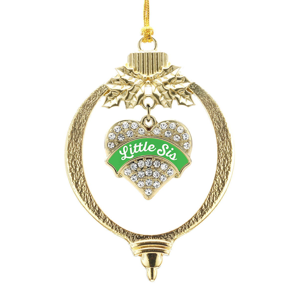Gold Emerald Green Little Sister Pave Heart Charm Holiday Ornament