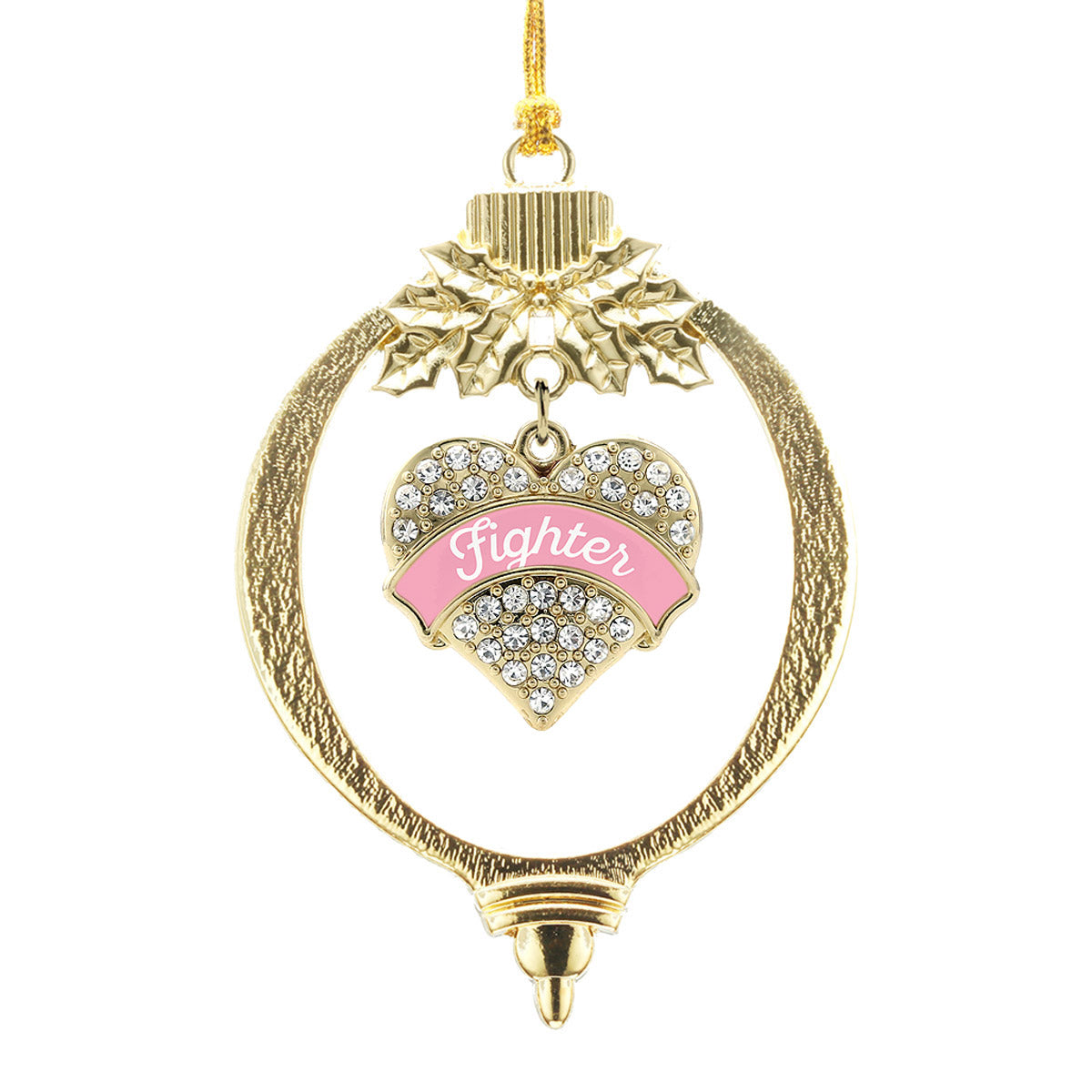 Gold Pink Script Fighter Breast Cancer Support Pave Heart Charm Holiday Ornament