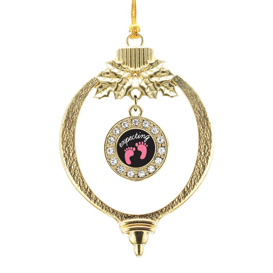 Gold Expecting A Girl Footprints Circle Charm Holiday Ornament