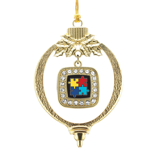 Gold Autism Awareness Jigsaw Square Charm Holiday Ornament