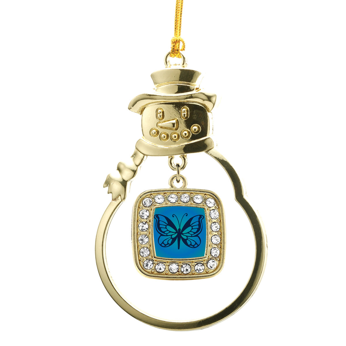 Gold Blue Butterfly Square Charm Snowman Ornament