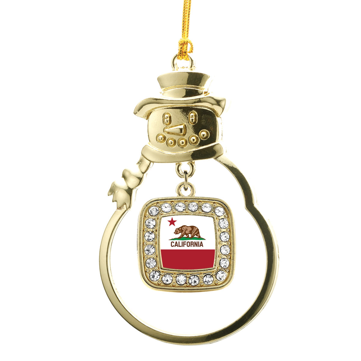 Gold California Flag Square Charm Snowman Ornament