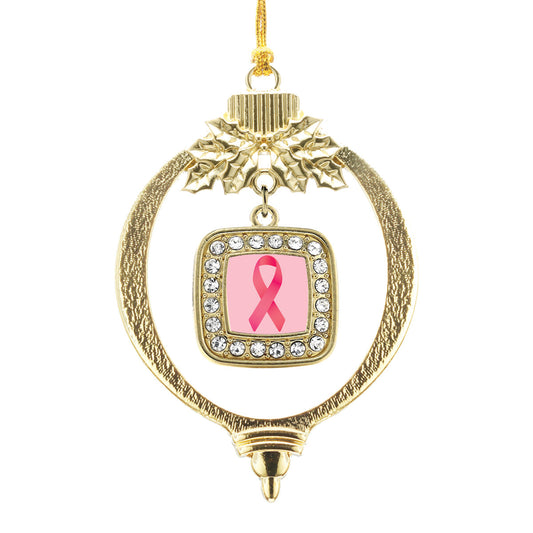 Gold Breast Cancer Square Charm Holiday Ornament