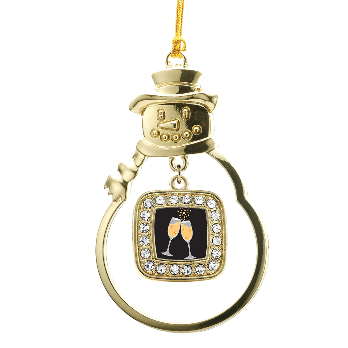 Gold Champagne Cheers Square Charm Snowman Ornament
