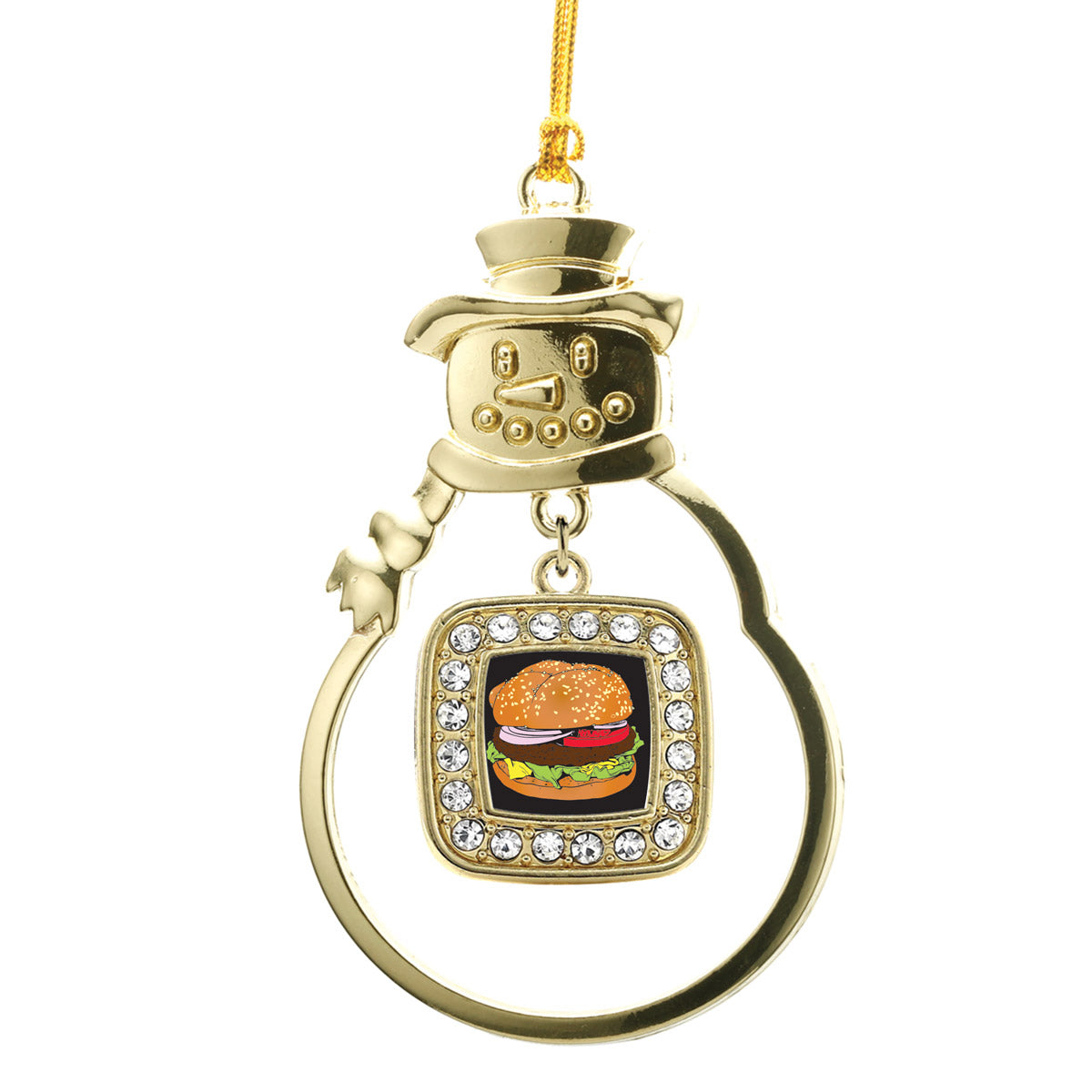 Gold Cheeseburger Square Charm Snowman Ornament