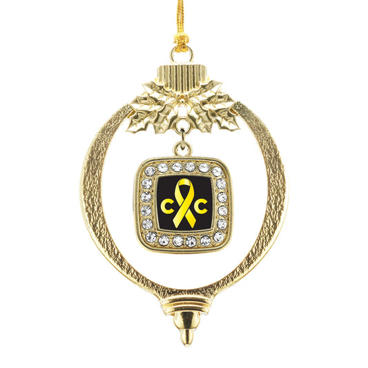 Gold Childhood Cancer Support Square Charm Holiday Ornament