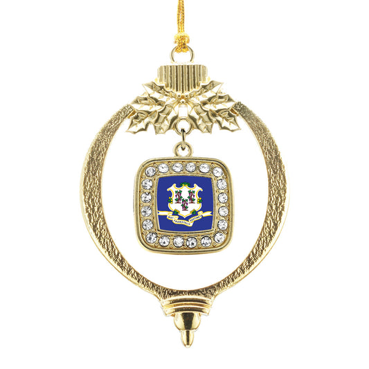 Gold Connecticut Flag Square Charm Holiday Ornament