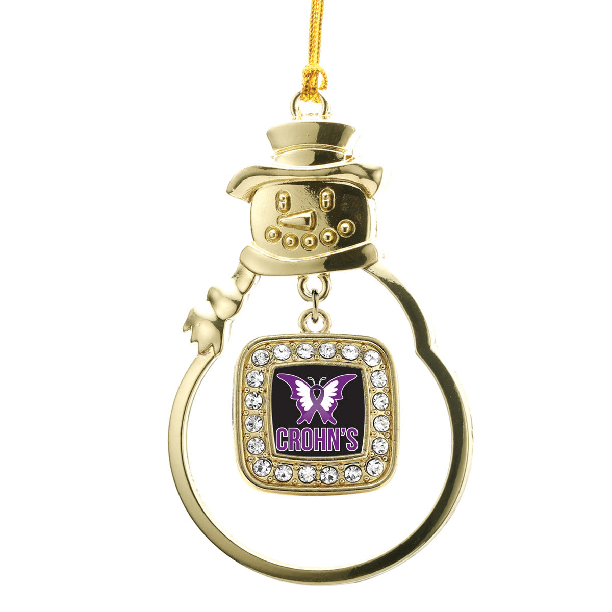 Gold Crohn's Disease Square Charm Snowman Ornament